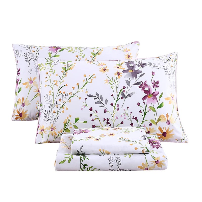 URBONUR Garden Floral Sheets Set 4-Pieces Egyptian Cotton Luxurious Bedding Sheet Set Soft Silky Crisp Percale Sheets Shabby Chic Flowers Bed Linen Set (4Pcs  Queen Size) - Image 1